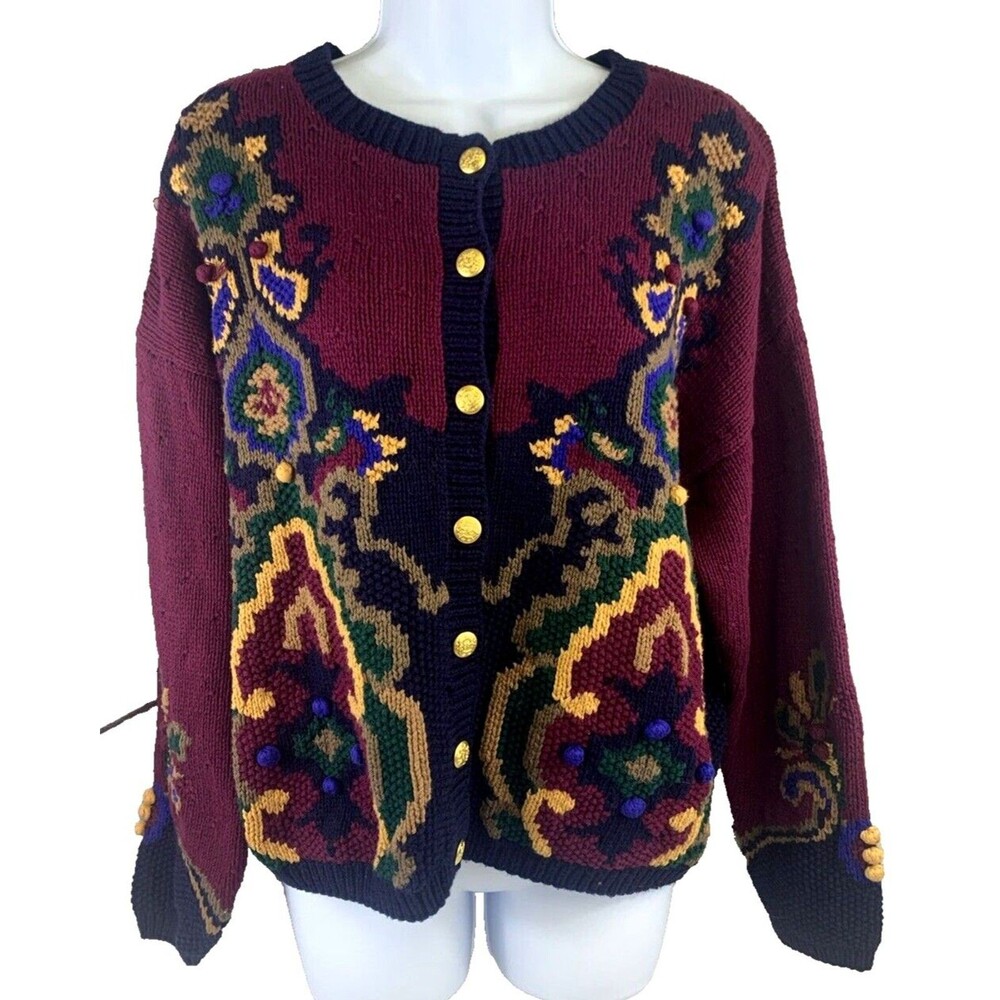 Robert Scott Cardigan Knitted by Hand Chunky Knit Cotton Gold Buttons Women's L